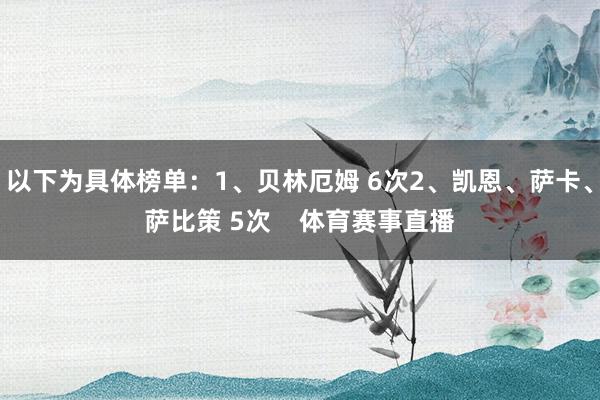 以下为具体榜单：1、贝林厄姆 6次2、凯恩、萨卡、萨比策 5次    体育赛事直播